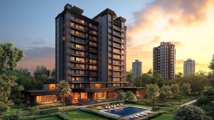 Modern building at dusk